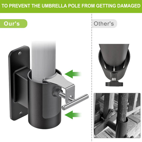 Comparison of Go-To Heavy Duty Deck Rail Umbrella Holder for 1 to 2 Inch Poles showing secure clamping on railing posts.