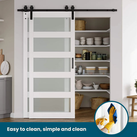 Double Glass Sliding Barn Door Kit With 6 Ft Bypass Hardware, 5 Panel Frosted Glass, 34 Inch by 84 Inch, installed in kitchen
