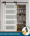 Front view of Space Saver Double Glass Barn Door Kit With 6.6 Ft Bypass Hardware installed, 5-panel frosted glass, white.