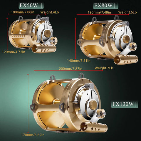 Heavy Duty Deep Sea Tuna Reel For Offshore Trolling With Two Speed Gear Ratio Two Point Five To One And One Point Three To One 132Lb Max Drag Saltwater Big Game Reel Right Handed three models FX50W FX80W FX130W