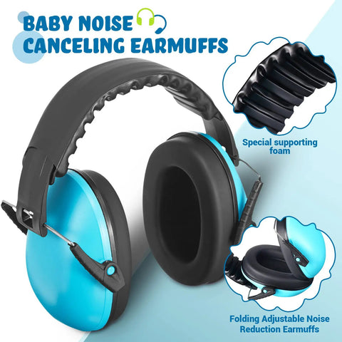 Three Pack Kids Ear Muffs Noise Canceling Headphones 26dB Adjustable Ear Protection in blue with soft foam padding.
