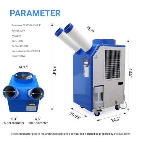 Heavy Duty Portable Air Conditioner 18700 BTU Rock Solid Spot Cooler dimensions, features multiple adjustable air vents.