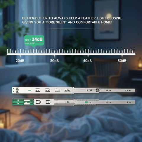 10 Pairs Heavy Duty Soft Close Drawer Slides 20 Inch full extension ball bearing cabinet hardware showing noise reduction measurement.