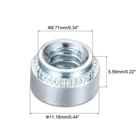 Workhorse Self Clinching Rivet Nuts One Quarter Twenty By Point Two Two Inch Carbon Steel With Durable Zinc Plating Round Head Sheet Metal Fastener Fifty Piece Kit with dimensions.