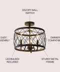 Oil Rubbed Bronze 15 Inch Led Semi Flush Mount Ceiling Light With Three Light Modern Industrial Drum Fixture, metal cage shade
