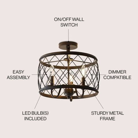Oil Rubbed Bronze 15 Inch Led Semi Flush Mount Ceiling Light With Three Light Modern Industrial Drum Fixture, metal cage shade