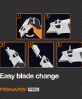 Illustration showing blade change steps for Pro Retractable Folding Utility Knife With CarbonMax Blade, Dual Lock Safety, One-Handed Flip