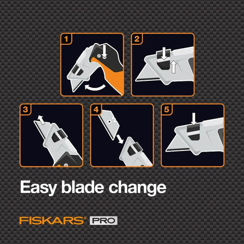 Illustration showing blade change steps for Pro Retractable Folding Utility Knife With CarbonMax Blade, Dual Lock Safety, One-Handed Flip
