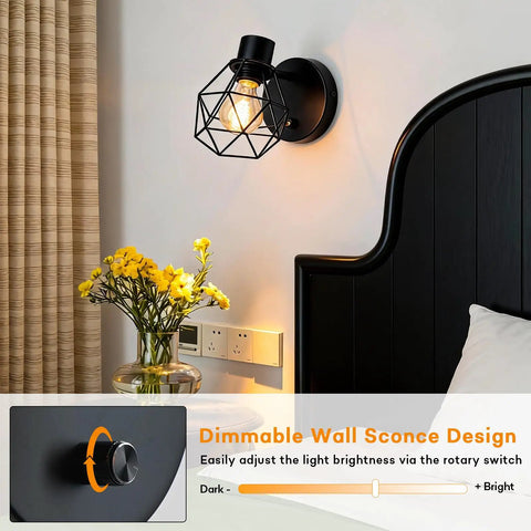 Black Industrial Wall Sconce With Dimmer And On Off Switch, adjustable cage head lighting over a bed in a bedroom.