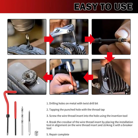 Pro Grade M5x0.8 Stainless Steel Thread Repair Kit DIY Rethreading Tool With Twist Drill for Internal Thread Hole Repair in Cars and Machinery Restore Damaged Threads and Strengthen Fasteners usage guide showing step-by-step process.