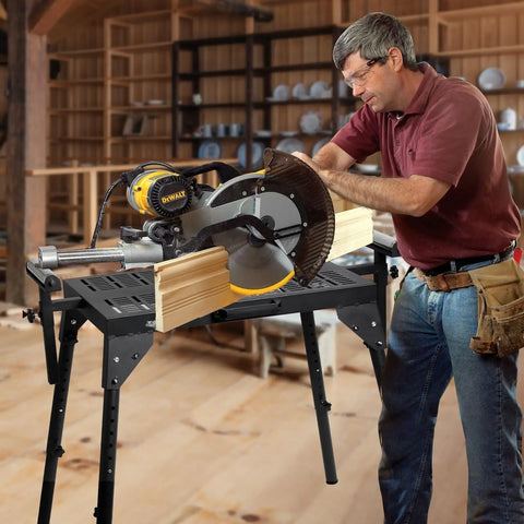 Boss Level Miter Saw Stand With Smooth Extension Rollers, 300 lb capacity, worker cutting wood with a miter saw on a sturdy frame.