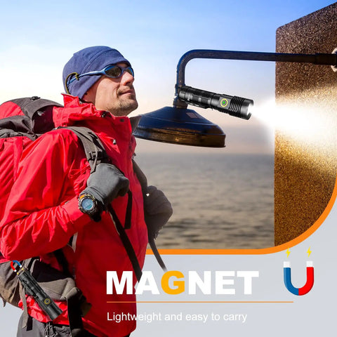 Rechargeable Tactical Flashlight With Long Range Beam Up To 1500 Meters USB Zoomable LED Spotlight Magnetic Base 5 Modes Super Bright