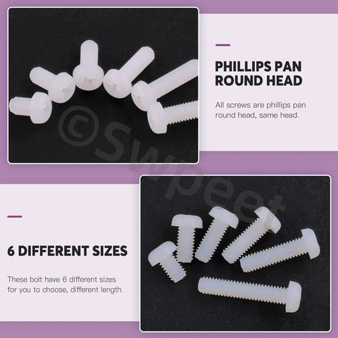 Real Deal Heavy Duty M4 Nylon Pan Head Screws With Hex Nuts And Flat Gasket Washers Assortment Kit 360 Piece showing white Phillips round head screws in six sizes.