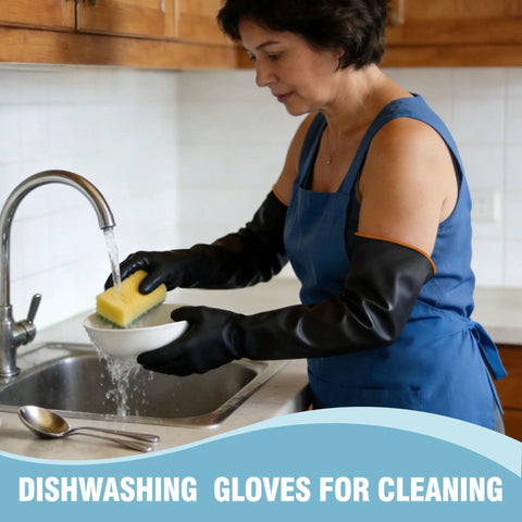 Person using long 22 inch chemical resistant gloves for tough jobs heavy duty rubber waterproof dishwashing gloves for men.