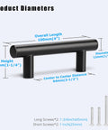 Black Cabinet Pulls 2-1/2 Inch Center-To-Center, 4 Inch Total Length, 12mm Diameter, 1-1/4 Inch Projection with screws shown