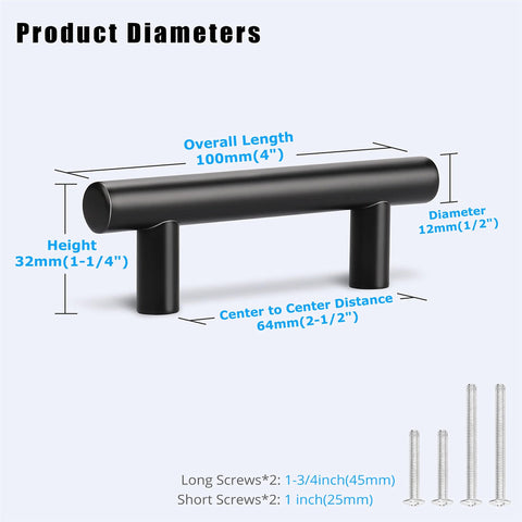 Black Cabinet Pulls 2-1/2 Inch Center-To-Center, 4 Inch Total Length, 12mm Diameter, 1-1/4 Inch Projection with screws shown