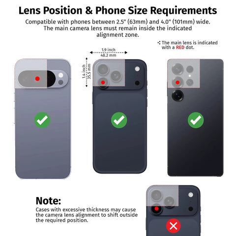 Diagram showing phone compatibility and lens alignment for Universal Spotting Scope Phone Adapter With Double Grip Telescope Mount.