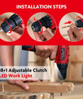 Cordless Drill And 108 Piece DIY Tool Kit With 16.8V Lithium Driver showing installation steps for adjustable clutch and bit change.