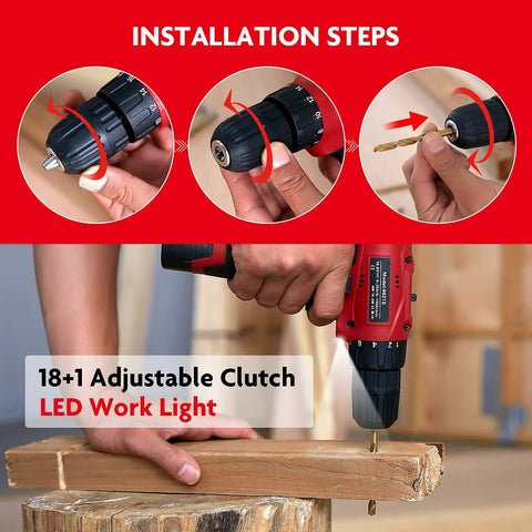 Cordless Drill And 108 Piece DIY Tool Kit With 16.8V Lithium Driver showing installation steps for adjustable clutch and bit change.