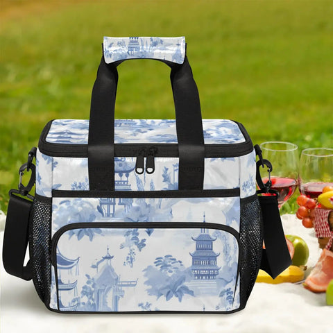 Insulated Picnic Backpack With Ample 12x8.7x10 Inch Capacity Keeps Lunch Fresh All Day, blue print, on picnic blanket with food.