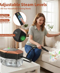 Gabtruk Handheld Steam Cleaner With 15S Fast Heat Up And 1.8L Tank for cleaning couch, showing steam and control panel.