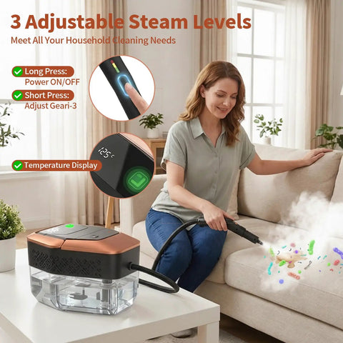 Gabtruk Handheld Steam Cleaner With 15S Fast Heat Up And 1.8L Tank for cleaning couch, showing steam and control panel.
