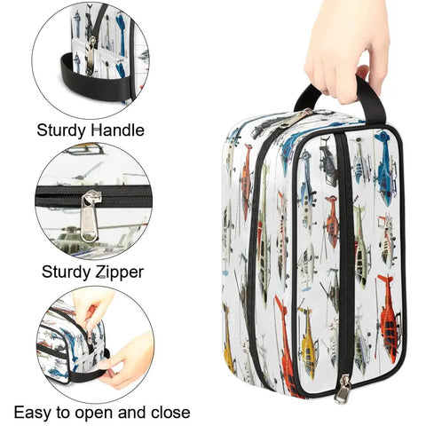 Foldable Travel Toiletry Bag For Women And Men, Water Resistant Dopp Kit with airplane design, sturdy handle and zipper, easy access.