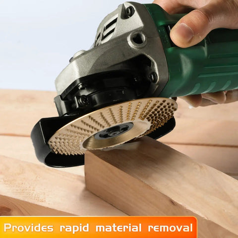 Wood Shaping Disc Set For 4 Inch Or 4 1/2 Inch Angle Grinders With 5/8 Inch Arbor in use on wood surface
