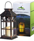 Solar Lantern Outdoor Waterproof Hanging Light For Garden Patio And Porch With Flickering LED Flames, glass panels, boxed.