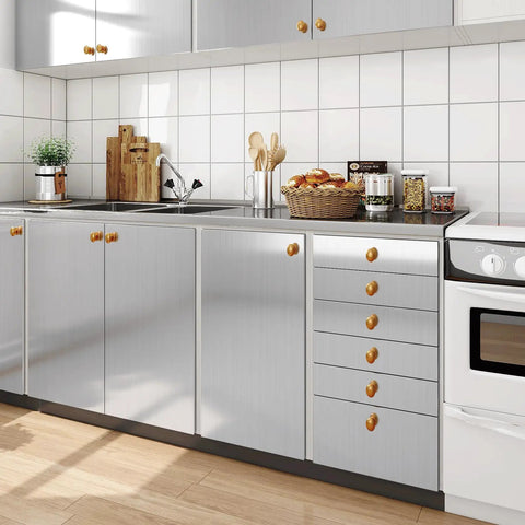 Modern kitchen with 36 Inch Wide Stainless Steel Contact Paper Peel And Stick Vinyl Wrap For Countertops Tables And Appliances, 197 Inch Roll, Waterproof Oil Proof Self Adhesive, Easy Install No Fuss Seamless Silver Look applied on cabinets.