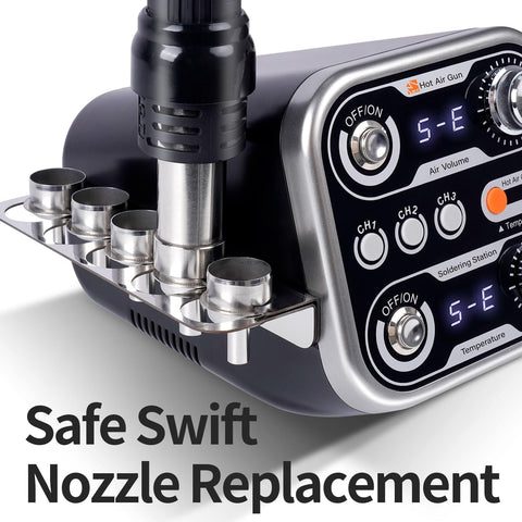 2 In 1 Hot Air Rework Station Kit With 760W Soldering Iron And Soldering Mat, close-up of control panel and nozzle holder