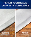 Close-up of knife blade before and after using Electric Knife Sharpener 3 Stage Professional Kitchen Sharpening System With 100 Percent Diamond Abrasive And 15 Degree Precision Angle Magnetic Dust Box Fast Sharpening For Chef Knife And Paring Knife Renew Dull Blades.