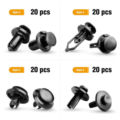 120 Piece Universal Car Retainer Bumper Clips Push Pin Rivet Kit With Fastener Remover Tool showing styles 3, 4, 5, and 6 in black nylon.