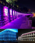 108W RGB Wall Washer Light With 24 Key RF Remote illuminating building exteriors and a waterfront walkway in vibrant colors