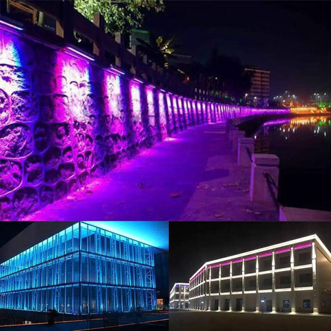 108W RGB Wall Washer Light With 24 Key RF Remote illuminating building exteriors and a waterfront walkway in vibrant colors