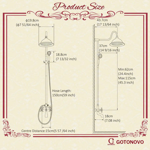Dimensions sketch of Oil Rubbed Bronze Shower System with 8 Inch Rain Shower Head, two handle brass faucet, wall mount setup.