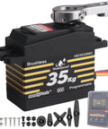 Waterproof 35Kg High Torque Brushless Servo With Metal Gears And Aluminum Horn displaying parts for RC builds and bots.