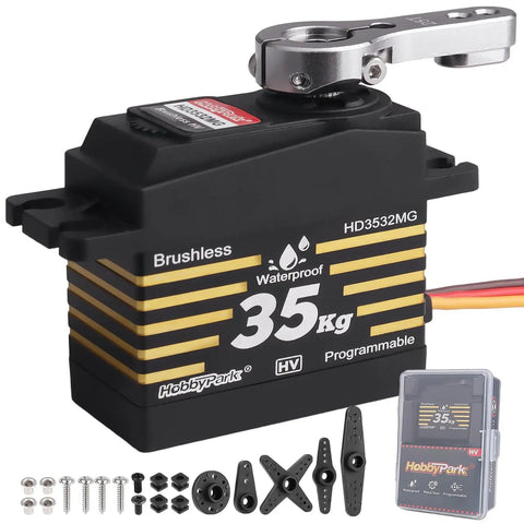 Waterproof 35Kg High Torque Brushless Servo With Metal Gears And Aluminum Horn displaying parts for RC builds and bots.