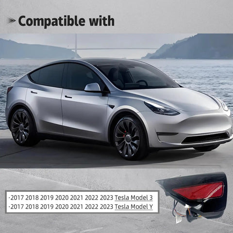 Slick Rear Left Charging Port Door Assembly For Tesla Model 3 And Model Y Years 2017 Through 2023 on a vehicle by water.