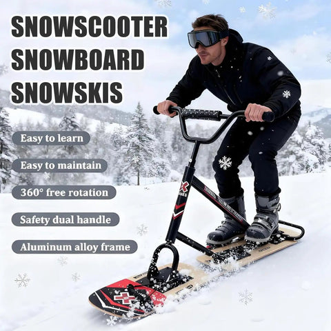 All Terrain Snow Scooter With 360-Degree Steering And 330 Lbs Load Capacity, adult using dual board on snowy hill