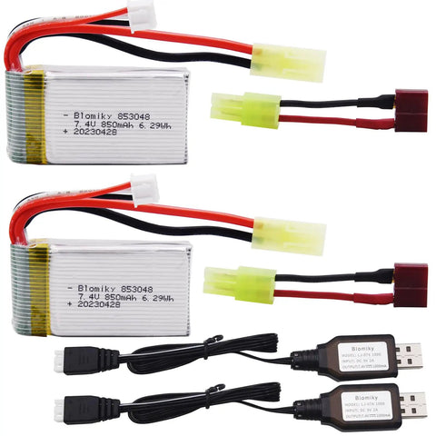 Two Pack 7.4V 850mAh LiPo Battery With Mini Tamiya Plug For 1 By 18 Scale RC Cars Trucks, 6.29Wh, 2S, Rechargeable Power Upgrade With USB Cable Included Today showing two batteries and two USB cables