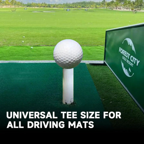 Hardcore Rubber Golf Tees For Mats And Indoor Simulators, 8 Pack Mixed Sizes, shown on outdoor driving mat with golf ball