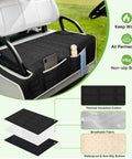 Black Universal Golf Cart Seat Cover with storage pockets shown on white seat; includes material layers and features guide.