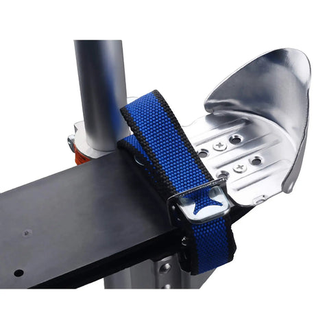 Close-up of Adjustable Drywall Stilts for Painting and Cleaning, 24 to 40 Inches, focusing on blue strap and aluminum footrest.