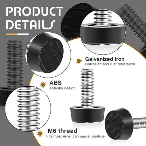 Close-up of Forty Piece Heavy Duty M6 Thread Adjustable Furniture Levelers And Screw In Feet showing galvanized iron and ABS material details.