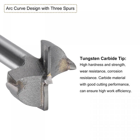 Pro Level Forstner Drill Bit Set 24mm 30mm With 7mm And 8mm Shank, showing tungsten carbide tip with three spurs for efficient cutting.