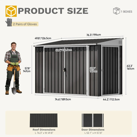 7x4 Foot Outdoor Weatherproof Storage Shed With Lockable Dual Doors, Secure Metal Bike And Tool Storage, dark gray, dimensions shown