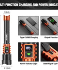 Rechargeable LED Flashlight 90,000LM Beast Bright With LCD Display showing charging functions and size details, in orange.