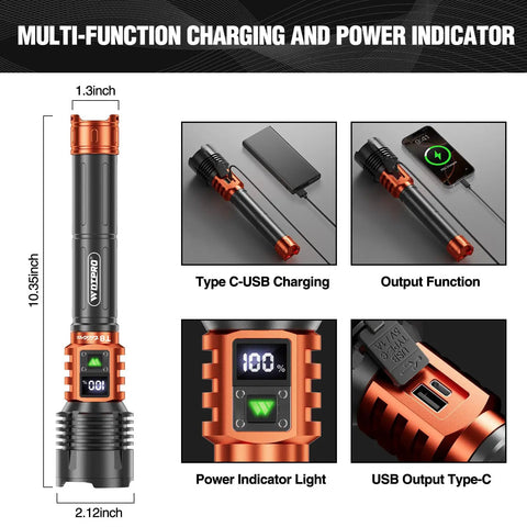 Rechargeable LED Flashlight 90,000LM Beast Bright With LCD Display showing charging functions and size details, in orange.