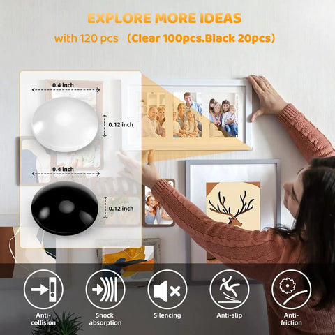 Clear Cabinet Door Bumpers 120 Pack Self Adhesive Rubber Cushions For Quiet Cabinets And Drawers Three Eighths Inch Sound Dampening Bumpers Easy Install Eco Friendly No Brainer Upgrade shown next to wall art installation.